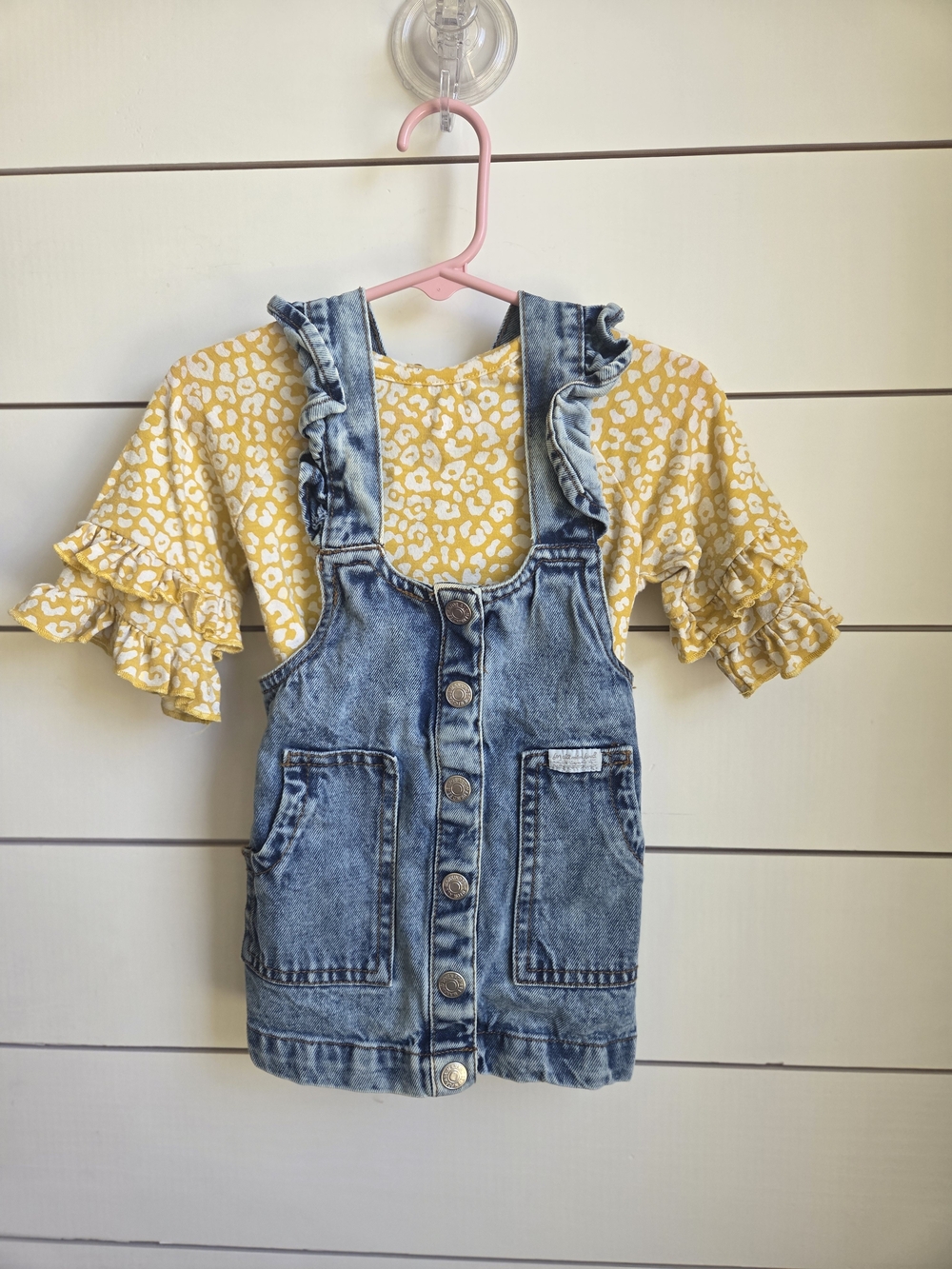 7 For All Mankind Denim Ruffle Strap Overalls with Yellow Floral Tee